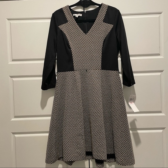 London Times Jersey 3/4 Sleeve Colorblock Black and Tan Dress - Picture 1 of 5